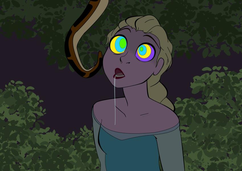 bare_shoulders collarbone colorrings disney drool femsub frozen kaa kaa_eyes lipstick open_mouth pale_skin platinum_blonde_hair queen_elsa snake spiral_eyes tail the_jungle_book tongue