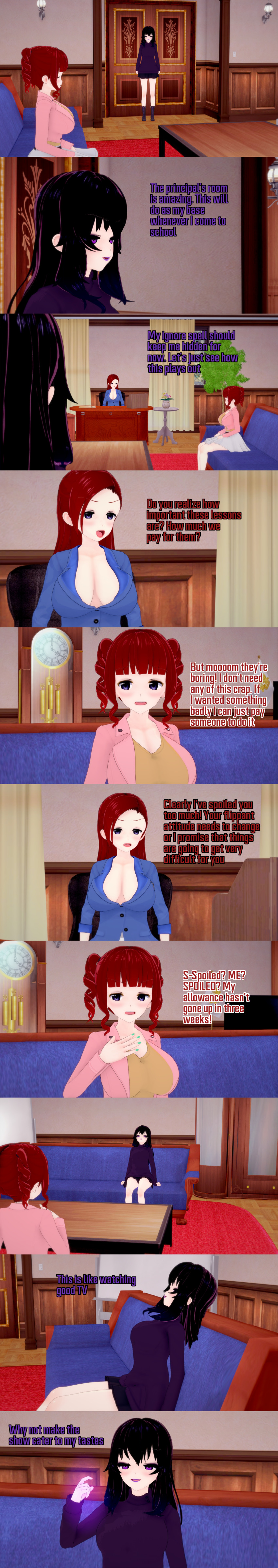 absurdres altered_perception angry aware black_hair blue_eyes closed_eyes clothed dialogue english_text female_only femdom jessica_(ophelia's_dollhouse) long_hair milf mother_and_daughter multiple_girls multiple_subs ophelia's_dollhouse ophelia_(ophelia's_dollhouse) purple_eyes red_hair text zenin1