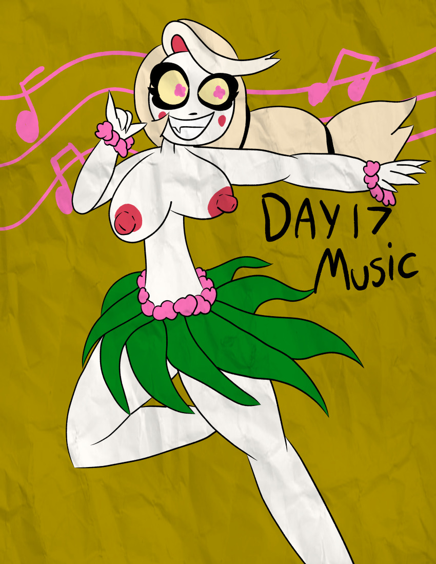 alternate_costume charlie_(hazbin_hotel) dancer dancing flower happy_trance hazbin_hotel hula_girl hypnotic_audio hypnotic_music hypnovember music symbol_in_eyes tcross