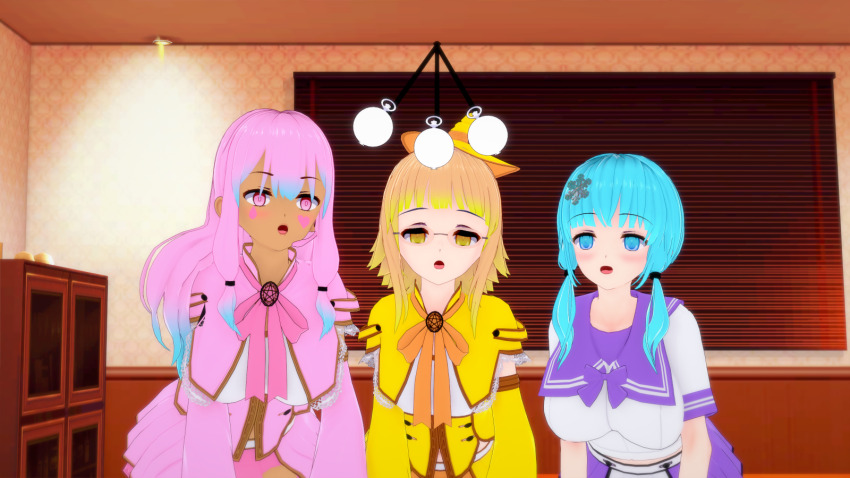 bent_over blonde_hair blue_eyes blue_hair empty_eyes evelyn_(sonrio) expressionless female_only femsub heart long_hair magical_girl multiple_girls multiple_subs olive_(sonrio) open_mouth original pink_eyes pink_hair pocket_watch short_hair silvrain_(sonrio) sonrio12 witch_hat yellow_eyes