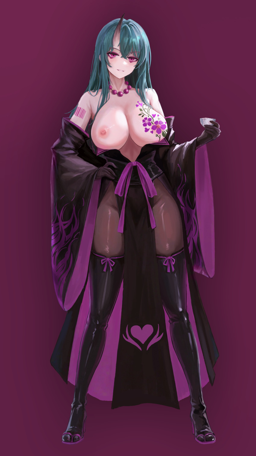 absurdres alternate_costume arknights barcode bare_shoulders bow_tie breasts corruption exposed_chest eyebrows_visible_through_hair femsub gloves green_hair heart high_heels hoshiguma_(arknights) iamtheawakeningmaster japanese_clothing jewelry kimono large_breasts latex loincloth long_hair necklace oni_girl pantyhose pink_eyes purple_background sandals simple_background smile tattoo thighhighs