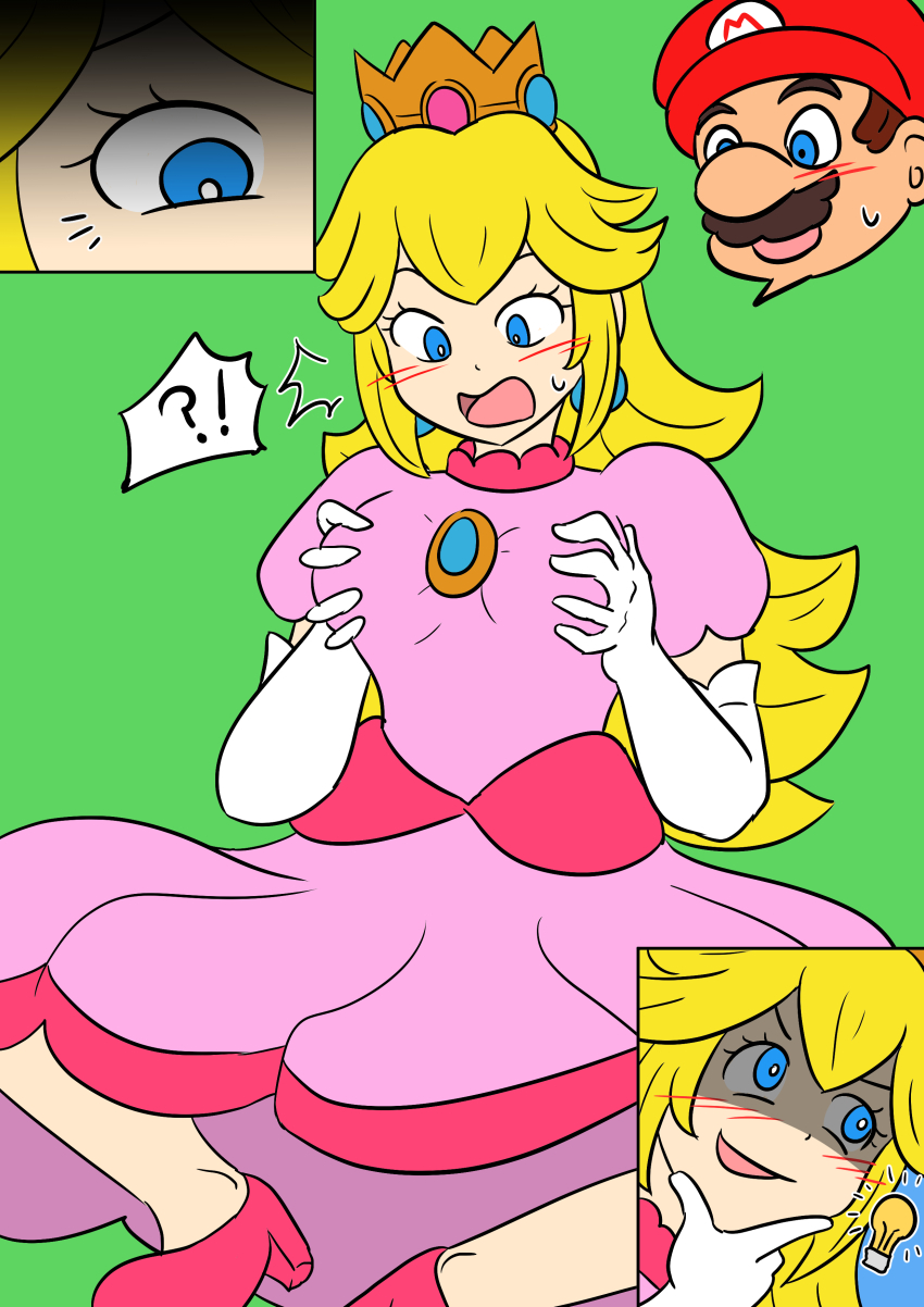 accidental_hypnosis blue_eyes blush breasts comic crown dress earrings evil_smile femsub gloves hand_on_head happy_trance high_heels holding_breasts looking_at_viewer maledom mario mustache nintendo possession princess princess_peach sitting smile super_mario_bros. super_mario_bros._wonder surprised vel