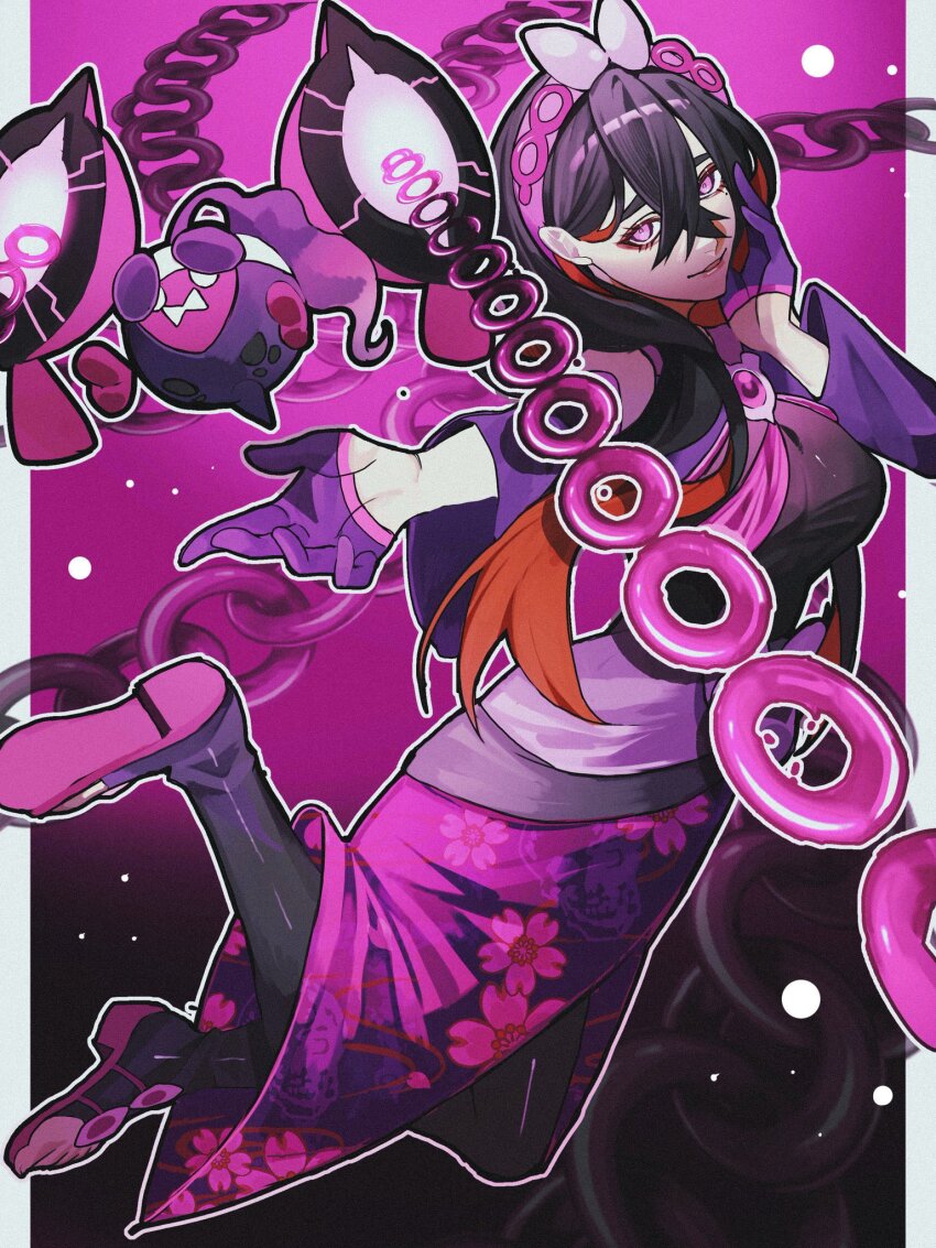 ambiguous_pov androgynous_dom androgynous_sub black_hair carmine_(pokemon) chains clothed eye_color_change femsub floating gloves hypnotic_food kimono long_hair malignant_chain mmocc123 multicolored_hair nintendo pecharunt pokemon pokemon_(creature) pokemon_masters pokemon_scarlet_and_violet possession purple_eyes red_hair white_eyes