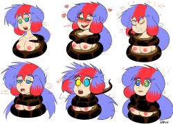 absurdres asphyxiation blue_hair blush breasts coils comic dazed disney femsub hypnotic_eyes kaa kaa_eyes large_breasts long_hair multicolored_hair naomi_(penken) nipples open_mouth original penken resisting simple_background snake the_jungle_book topless white_background rating:Questionable score:128 user:PenKen