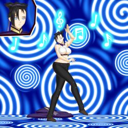 absurdres bare_shoulders black_hair bluebullpen breasts burst_angel cleavage dancing expressionless femsub hair_ribbon huge_breasts hypnotic_audio hypnotic_music jeans large_breasts midriff ribbon sei_laoban spiral spiral_eyes symbol_in_eyes tech_control underboob rating:Questionable score:40 user:daveyboysmith9