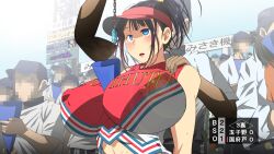 bare_shoulders blue_eyes breasts brown_hair chains cheerleader crystal dazed empty_eyes erect_nipples expressionless eye_roll femsub hat huge_breasts hypno-tan kunihuto lillytank_(manipper) maledom manip open_mouth original pendulum squid_ops sweat text translation_request rating:Questionable score:204 user:LillyTank