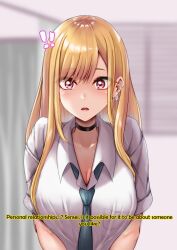 amagiri_miki blonde_hair blush breasts choker cleavage collarbone earrings femsub hard_translated large_breasts long_hair marin_kitagawa my_dress-up_darling open_mouth red_eyes school_uniform surprised text tie tongue translated rating:Safe score:10 user:roseateheart