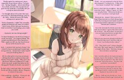 absurdres bangs brown_hair consensual couch dialogue femsub furrwhore_(manipper) green_eyes hair_ornament manip original phone pov pov_dom ryo170 sweater text wholesome rating:safe score: user:furrwhore