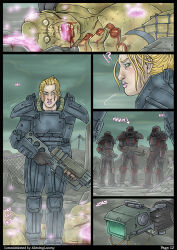 armor blonde_hair blood brotherhood_of_steel comic death fallout_(series) fallout_3 femdom freckles gun malesub nikaria open_mouth sarah_lyons short_hair super_mutant tech_control text rating:Questionable score:12 user:TheGoodShank
