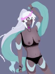  black_panties breasts choker clothed_exposure crossed_eyes cyan_eyes dark_skin elf elf_ears exposed_chest female_only femsub halo harem_outfit lilyfrost love_nikki nipples ponytail shadow_of_nightmare_(love_nikki) solo underwear white_hair  rating:questionable score: user:lilyfrost
