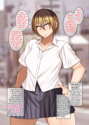 bangs black_skirt blonde_hair breasts brown_eyes brown_hair comic dialogue english_text femsub hard_translated korotsuke maledom school_uniform skirt takako_saiki text the_sleeping_tiger_girl tomboy translated rating:Safe score:58 user:ghost13