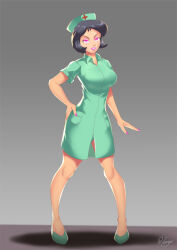 alex black_hair breasts corruption femsub forced_employee glowing glowing_eyes gradient_background hadant hat large_breasts nurse pink_eyes short_hair signature simple_background totally_spies rating:Safe score:68 user:dkx45