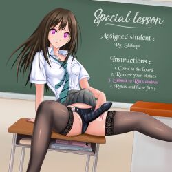 absurdres blackboard book bottomless breasts brown_hair classroom corruption dildo eileo_(manipper) empty_eyes exhibitionism femdom femsub happy_trance hypnotized_dom idolmaster_cinderella_girls large_breasts long_hair long_nails manip nail_polish rin_shibuya school_uniform sex_toy shirt strap-on text the_idolm@ster thighhighs tie rating:explicit score: user:eileo