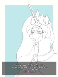 animals_only bitshift collar cum cum_in_mouth cum_on_body cum_on_face femsub horse leash long_hair my_little_pony open_mouth pov pov_dom princess princess_celestia tears text tongue tongue_out western rating:Explicit score:42 user:Bitshift