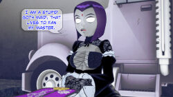 3d clothed covered_with_cum cum cum_on_face dc_comics dialogue dogdog empty_eyes english_text expressionless female_only femsub goth grey_skin maid mantra purple_hair raven solo text white_eyes whitewash_eyes rating:Explicit score:5 user:Bootyhunter69