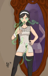 corruption dress female_only ghost glowing glowing_eyes hypnotic_mirror maya_kumashiro mirror occult_academy open_mouth possession reflection rick404 snake thighhighs torn_clothes rating:Questionable score:34 user:ControlledCat