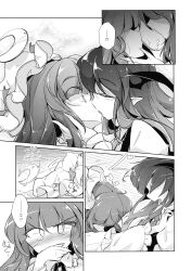absurdres blush comic female_only fumituki greyscale hat kissing koakuma long_hair patchouli_knowledge short_hair text touhou translated yuri rating:Questionable score:24 user:Cradily