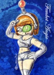 ameerashourdraws angie_(supertechno324) antenna barcode boots drone fembot femsub gloves happy_trance headphones knee-high_boots latex orange_hair original robotization saluting spiral_eyes symbol_in_eyes tech_control text wink rating:Questionable score:16 user:QueenNeptunia