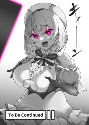  breasts davi_artman femsub glowing glowing_eyes greyscale holding_breasts instant_loss mamiya_0524 phone smug tech_control text virtual_youtuber  rating:questionable score: user:banannabread