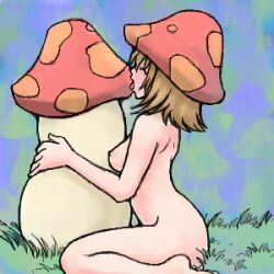 bottomless breasts brown_hair female_only femsub kneeling large_breasts licking mushroom nude original outdoors short_hair sleepymaid solo tongue tongue_out topless rating:Questionable score:21 user:hypno