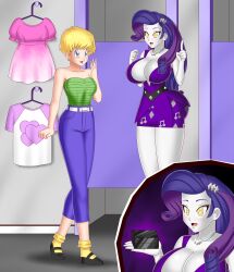 bare_shoulders blonde_hair blue_eyes bluebullpen breasts cleavage crossover dragon_ball earrings equestria_girls erasa female_only femsub huge_breasts hypnotic_accessory jewelry long_hair multiple_girls my_little_pony necklace purple_hair rarity short_hair symbol_in_eyes unaware western white_skin rating:Questionable score:60 user:daveyboysmith9