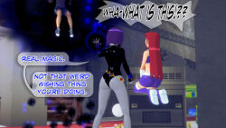 aware clothed dc_comics dialogue dogdog english_text floating goth grey_skin magic multiple_girls purple_hair raven red_hair starfire text rating:Safe score:1 user:Bootyhunter69