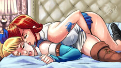 absurdres bed blonde_hair blush breasts charm_(spell) closed_eyes erza_scarlet fairy_tail female_only fingering groping large_breasts licking long_hair love_potion lucy_heartfilia miniskirt multiple_girls psicoero red_hair sex sexuality_change side_ponytail skirt sweat tattoo tongue yuri rating:Explicit score:113 user:Fic