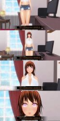 3d absurdres brown_eyes brown_hair comic crop_top custom_maid_3d_2 dialogue earrings empty_eyes expressionless femsub hard_translated jean_skirt kamen_writer_mc midriff reiko_(kamen_writer_mc) text rating:Explicit score:6 user:JustChilling