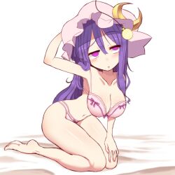 barefoot bra breasts cleavage cresent_d dazed empty_eyes expressionless feet femsub hat kneeling large_breasts long_hair manip open_mouth panties patchouli_knowledge pendulum pocket_watch purple_hair short_hair touhou underwear rating:questionable score: user:zko