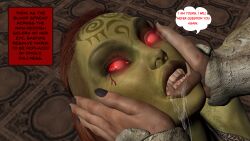 3d absurdres blood bondage breasts comic dazed dialogue drool expressionless female_only femdom femsub glowing glowing_eyes green_skin hypnotic_eyes large_breasts magic muscle_girl orc orc_girl red_eyes red_hair text the_mad_prince rating:Safe score:7 user:TheMadPrince
