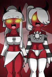 absurdres corruption demon_girl disguised_hypnotist evil_smile fangs femsub glowing glowing_eyes happy_trance horns monster_girl open_mouth original red_skin skullgirls smile spiral_eyes squigly_(skullgirls) symbol_in_eyes white_hair rating:Questionable score:40 user:DisguisedHypnotist