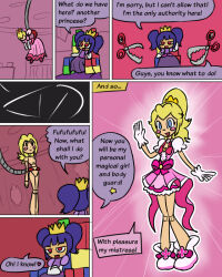 blonde_hair blue_eyes blue_hair bottomless comic cosplay crown dialogue doll_princess_(mythkaz) dollification dress dressing enemy_conversion female_only femdom femsub gloves happy_trance jewelry long_hair magical_girl multiple_girls mythkaz nintendo nude original petrification ponytail princess princess_peach smile super_mario_bros. text topless transformation twintails rating:Questionable score:84 user:kirbysuper123