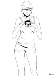  bimbofication collar female_only femsub glasses greyscale shorts signature sketch solo tank_top text vitalis white_background  rating:safe score: user:grim