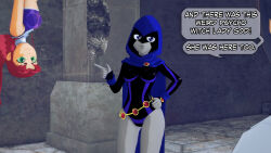 cloak clothed dc_comics dialogue dogdog english_text floating goth green_eyes grey_skin multiple_girls purple_eyes raven red_hair starfire text rating:Safe score:1 user:Bootyhunter69