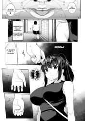 black_hair breasts comic dialogue empty_eyes expressionless greyscale inverted_nipples large_breasts monochrome ponytail sakamata_nerimono spanish tagme text ugly_bastard rating:Explicit score:3 user:L12@