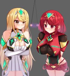 blonde_hair blush breasts coin female_only gloves large_breasts long_hair mythra_(xenoblade) nintendo opera_gloves pendulum pyra_(xenoblade) red_eyes red_hair short_hair xenoblade_chronicles xenoblade_chronicles_2 yakai rating:Questionable score:77 user:Yakai