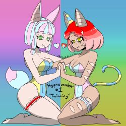 absurdres bare_legs bare_shoulders blue_hair body_markings breasts bunnysuit cat_ears cat_girl cat_tail cleavage collarbone egyptian eyebrows_visible_through_hair eyelashes feet female_only femsub fox_ears fox_girl fox_tail green_eyes holding_hands hypnovember kneeling large_breasts light_skin mascara multicolored_hair multiple_girls multiple_subs open_mouth original pale_skin pink_hair red_hair reimiko_(sobergin) rosie_(sobergin) short_hair signature sitting smile sobergin spiral_eyes tail tan_skin text yellow_eyes rating:Questionable score:61 user:sobergin