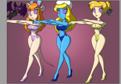 bikini blonde_hair blue_skin breasts carlosfco chip_n_dale_rescue_rangers disney fairy female_only femsub furry gadget_hackwrench halloween high_heels large_breasts long_hair mouse_girl multiple_girls peter_pan_(movie) short_hair smurfette spiral_eyes symbol_in_eyes the_smurfs tinkerbell underwear vampire zombie_walk rating:Questionable score:84 user:daveyboysmith9