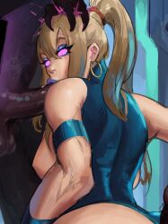  bimbofication blonde_hair blue_lipstick breasts earrings eyeshadow fellatio femsub lipstick metroid_(series) nintendo penis samus_aran spiral_eyes tech_control zelhypno  rating:explicit score: user:arata