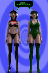 3d antenna black_hair dialogue female_only fembot femsub green_hair happy_trance headphones high_heels kathy_(theheckle) kisstress_(theheckle) latex midriff one-piece_swimsuit original robotization spiral spiral_eyes standing standing_at_attention swimsuit symbol_in_eyes tech_control text theheckle thighhighs rating:Questionable score:35 user:theheckle
