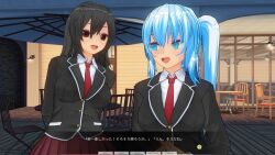 3d absurdres black_hair blue_eyes blue_hair breasts brown_eyes custom_maid_3d_2 dialogue open_mouth school_uniform skirt smile swallow774 text tie translated rating:Safe score:5 user:kegmeg