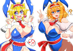 alice_margatroid blonde_hair blush breasts bunny_ears bunnysuit cuffs dual_persona earrings fake_animal_ears female_only happy_trance heart heart_eyes huge_breasts jewelry large_breasts multiple_persona pantyhose short_hair symbol_in_eyes touhou warugaki_(sk-ii) rating:Questionable score:83 user:Mindwipe