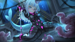 blue_eyes blush bodysuit gawr_gura hololive hololive_english latex maboroshi_hane_(l0ryhy3rdac) mission_mermaiden rubber tail tentacles virtual_youtuber white_hair rating:Explicit score:7 user:Sharky