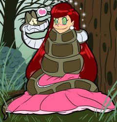 blush brown_hair coils disney dress hair_ornament happy_trance heart isabella_lee jungle kaa kaa_eyes long_hair maggotmike original ring_eyes the_jungle_book trees rating:questionable score: user:giantexplore117