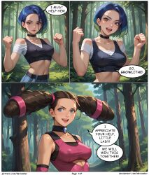 ai_art blue_hair brown_hair devianbar dialogue kidd_summers large_breasts nintendo perrin_(pokemon) pokemon short_hair team_hypno text rating:Safe score:2 user:Proyecto38