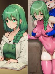 armpits before_and_after blonde_hair blue_eyes blush book braid breast_grab breast_press female_only femdom femsub gloves green_eyes green_hair high_heels hypnotized_dom large_breasts leotard long_hair lurie_(torazu) marcella_(torazu) open_mouth opera_gloves original sweater thigh_boots thighhighs tight_clothing torazu trembling rating:Explicit score:65 user:VortexMaster