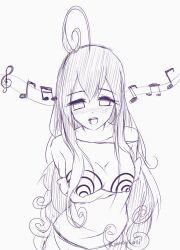 ahoge blush breasts dazed empty_eyes femsub greyscale happy_trance hypno-tan hypnotic_audio hypnotic_music kinkyloli large_breasts long_hair monochrome open_mouth original sketch rating:safe score: user:kinkyloli