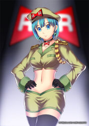 beret blue_hair breasts bulma_briefs choker dragon_ball earrings empty_eyes expressionless female_only femsub hadant hat jewelry large_breasts midriff military_hat military_uniform navel short_hair signature solo thighhighs watermark rating:Questionable score:123 user:TheGoodShank