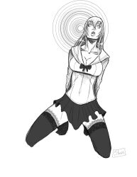 breasts female_only femsub greyscale high_school_of_the_dead long_hair saeko_busujima shono spiral spiral_eyes symbol_in_eyes thighhighs rating:questionable score: user:bioyugi