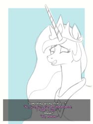animals_only bitshift confused femsub horse long_hair my_little_pony pov pov_dom princess princess_celestia text western rating:Questionable score:15 user:Bitshift